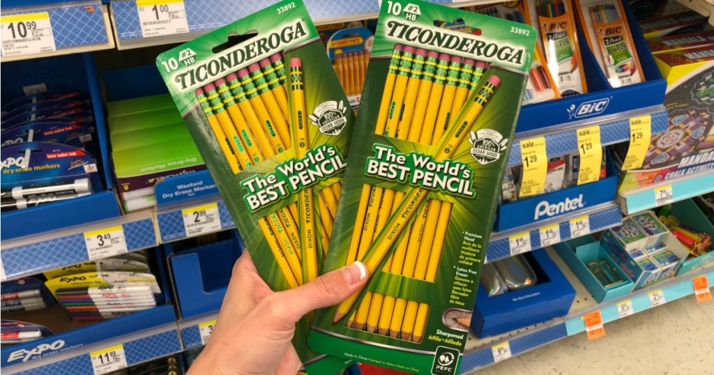 hand holding two packages of Ticonderoga pencils