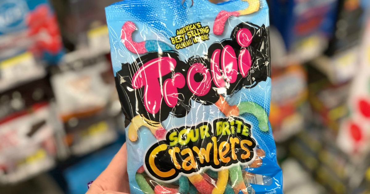 bag of Trolli sour brite crawlers candy being held in store