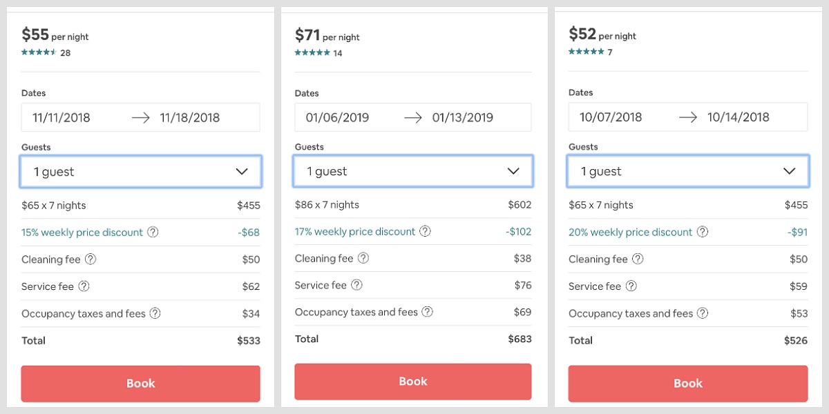 laptop showing weeklong stay discount on different airbnb rental properties