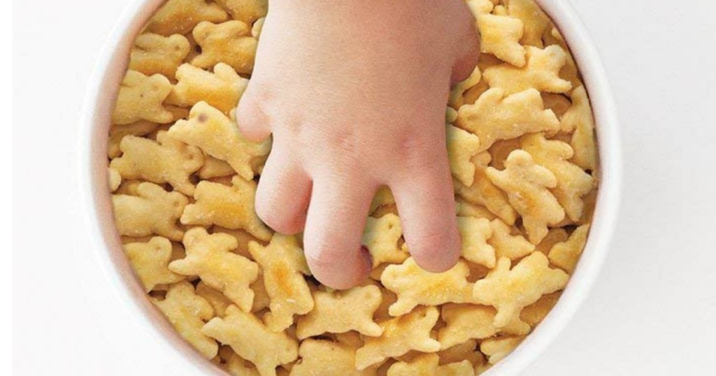 hand in bowl of cheddar bunnies crackers