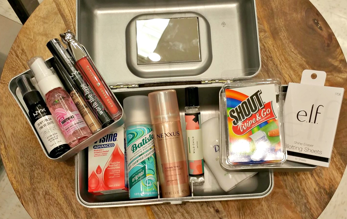 diy locker kits for middle or high school can be made from containers like Caboodle, shown here filled with items.