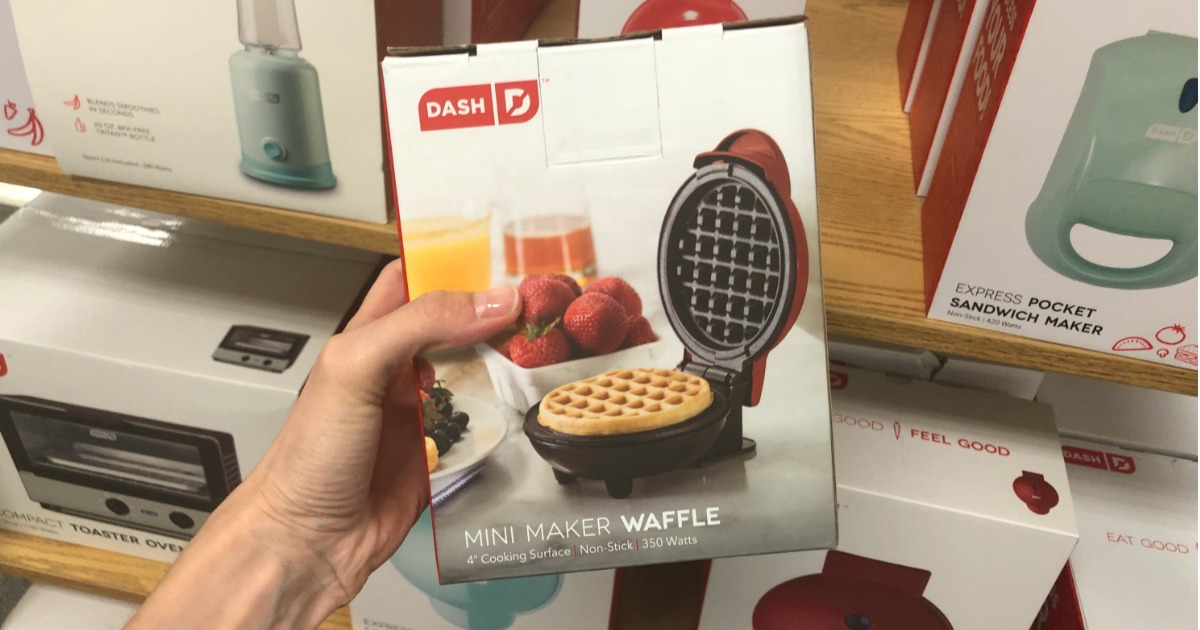 hand holding Dash Mini Maker Waffle box in store