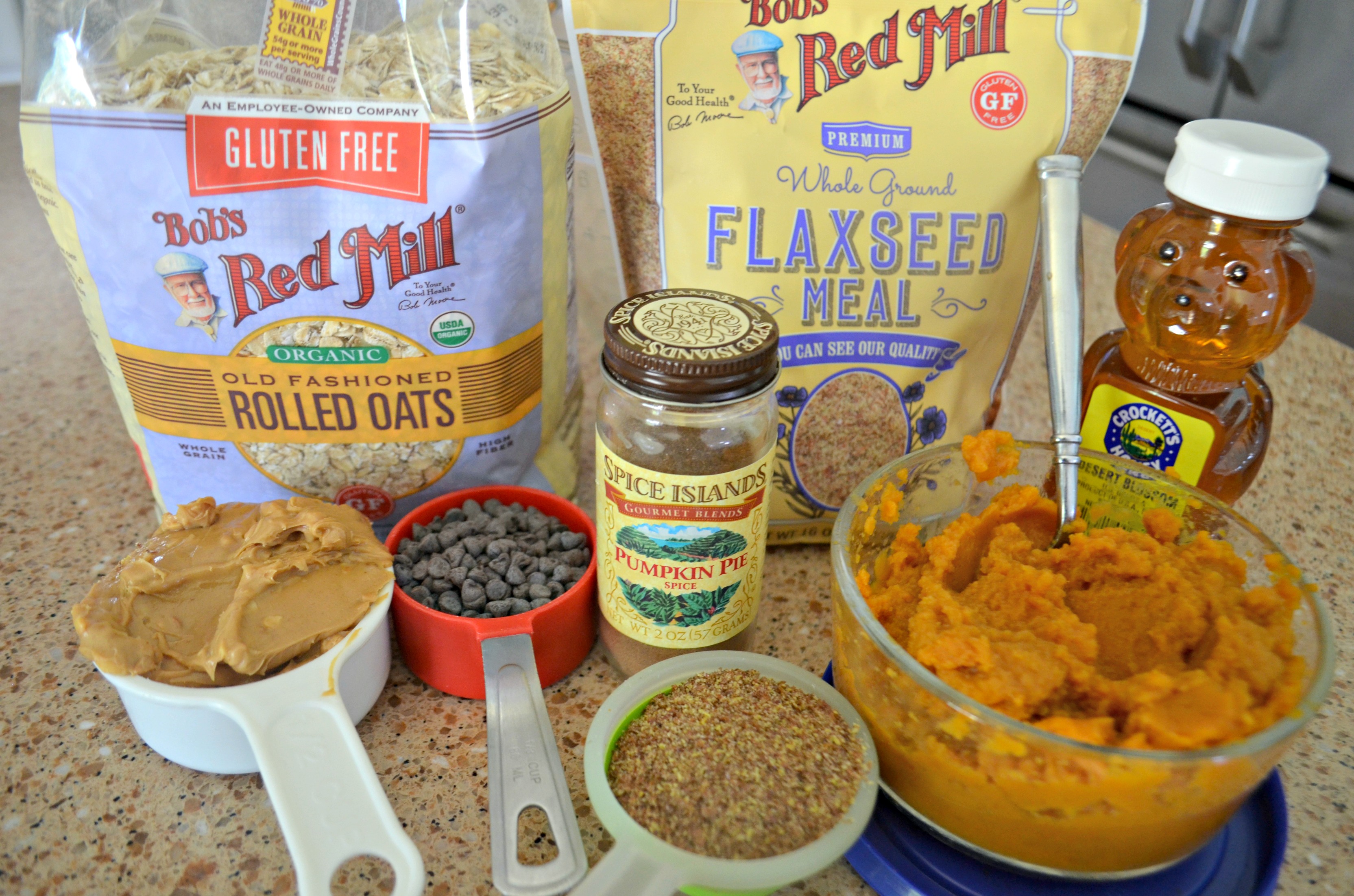 No-Bake Pumpkin Oatmeal Energy Bites ingredients on the counter