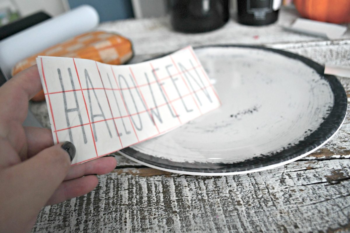 DIY Rae Dunn Inspired Halloween Decor - lettering for a plate