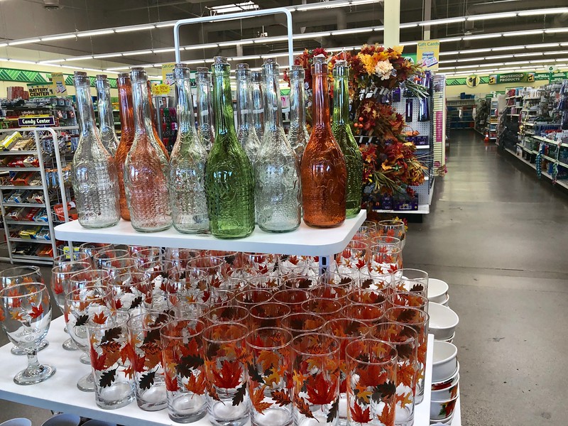 dollar tree fall centerpiece - Dollar Tree glass bottles and glasses