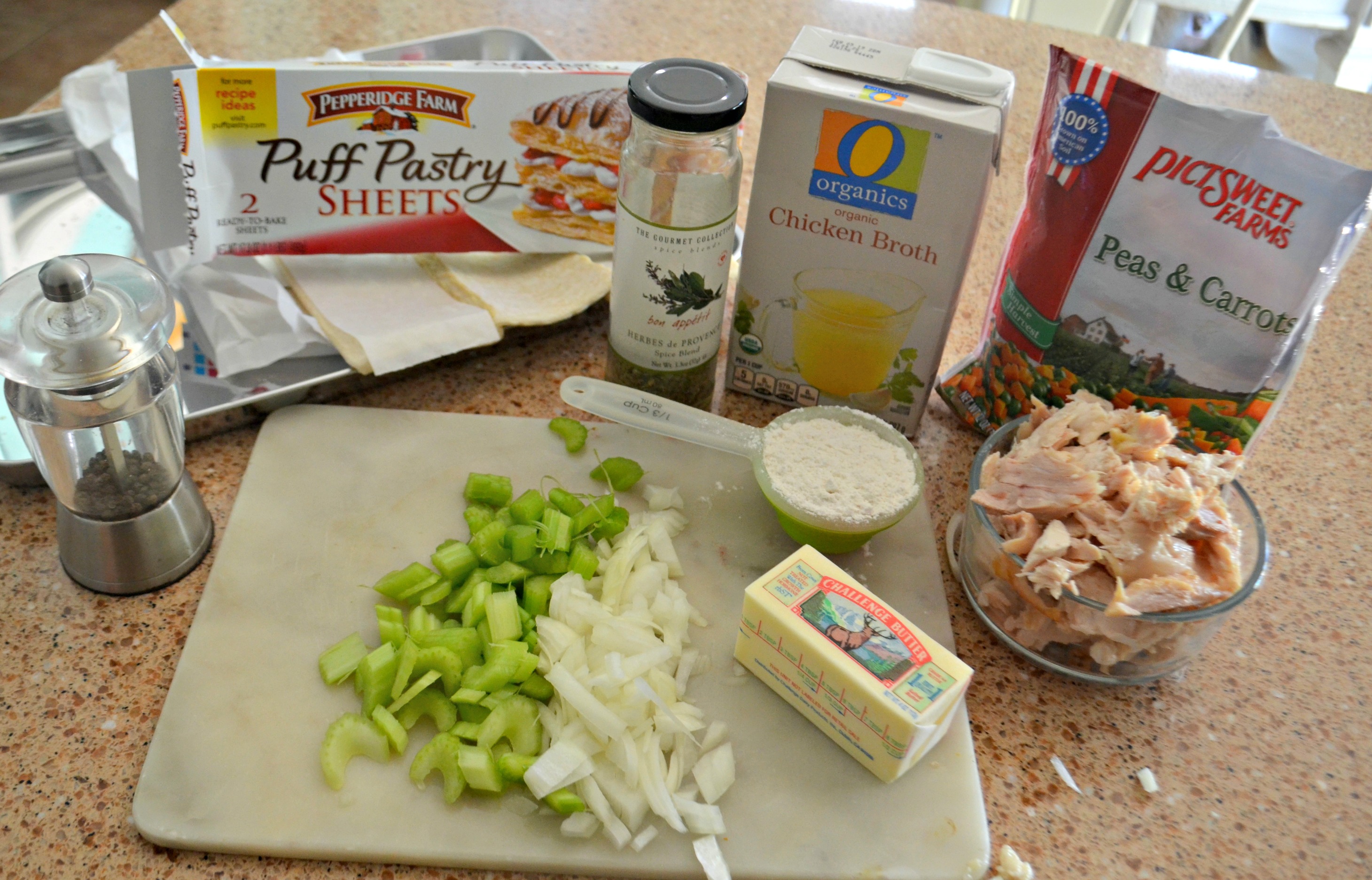 Sheet Pan Chicken Pot Pie - the ingredients on the counter