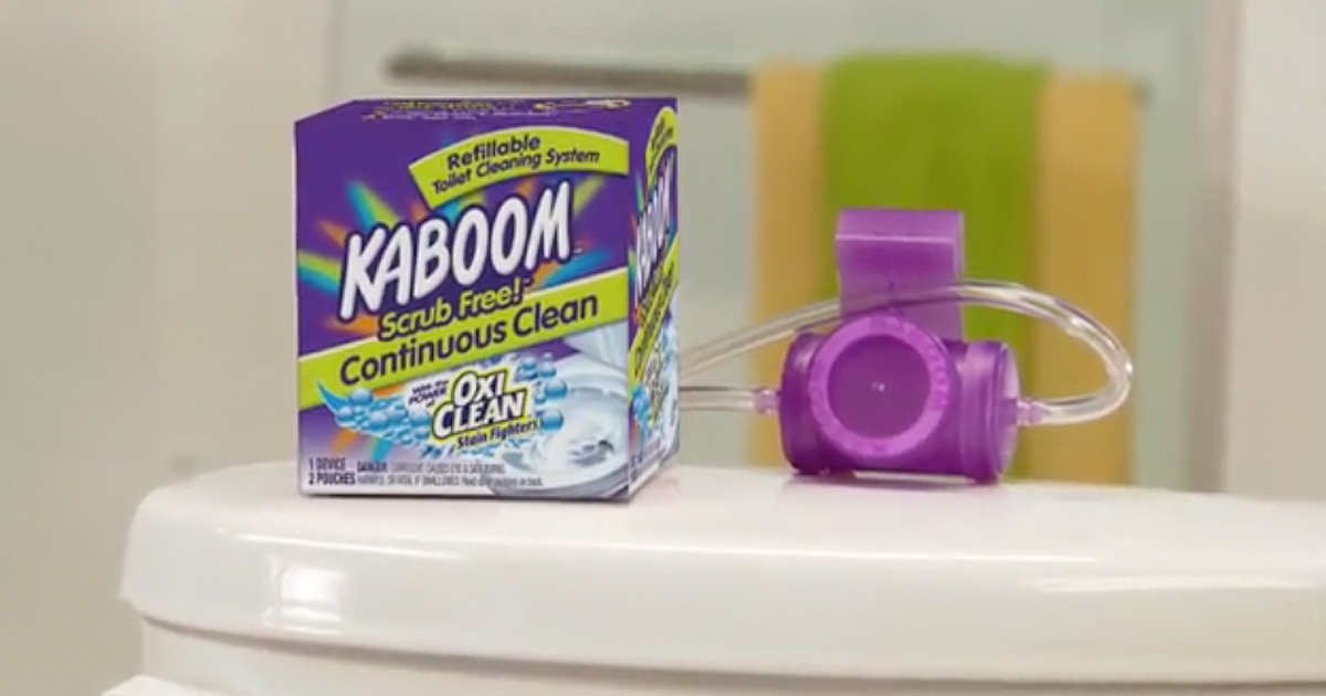 Kaboom Scrub Free! Toiled Bowl Cleaner System on toilet tank