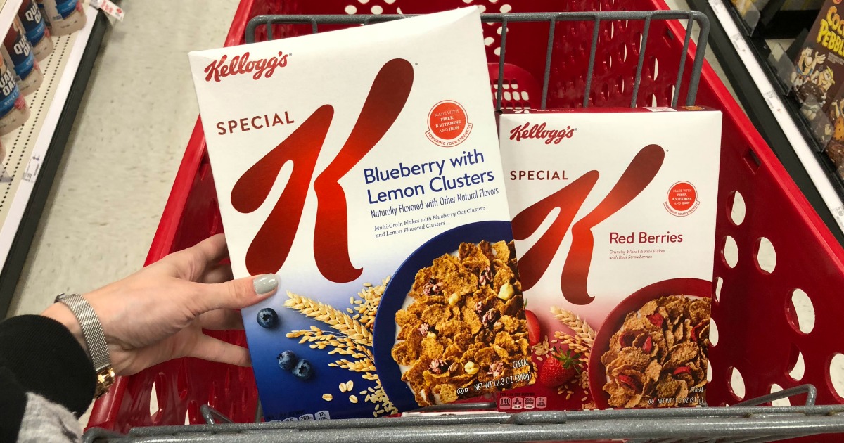 hand holding special k cereal in cart 