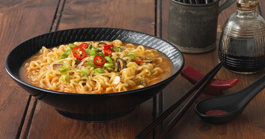 large bowl of spicy nongshim noodle soup
