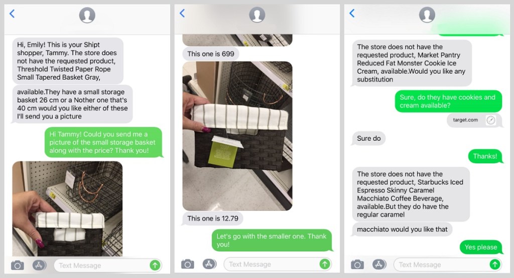 shipt target review — text conversation with shipt shopper about substiutions