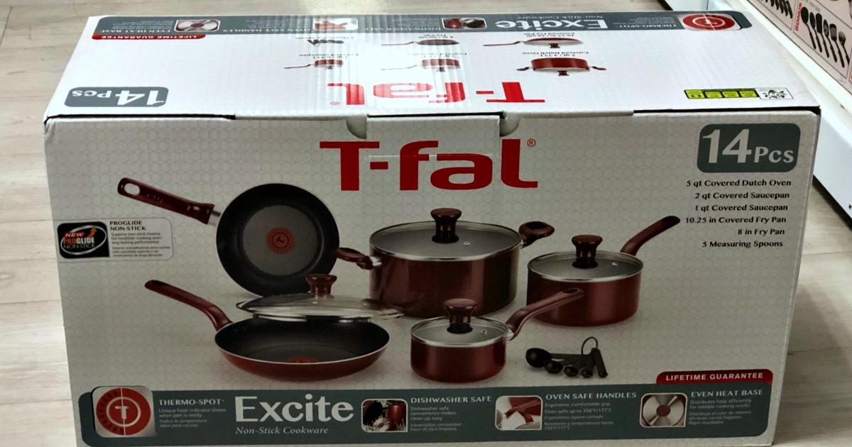T-fal Excite ProGlide Nonstick Thermo-Spot Heat Indicator Dishwasher Oven  Safe Cookware Set, 14-Piece, Red