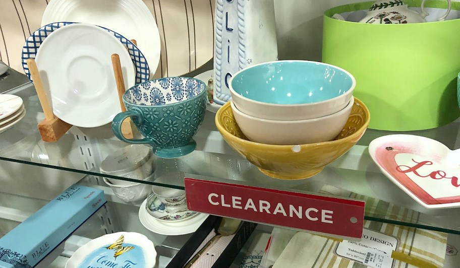 TJ maxx and HomeGoods finds include this clearance shelf with bowls and other dishware