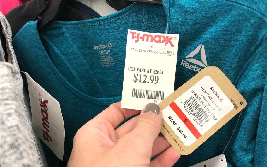 tjmaxx shopping finds showing a price comparison of a reebok athletic shirt