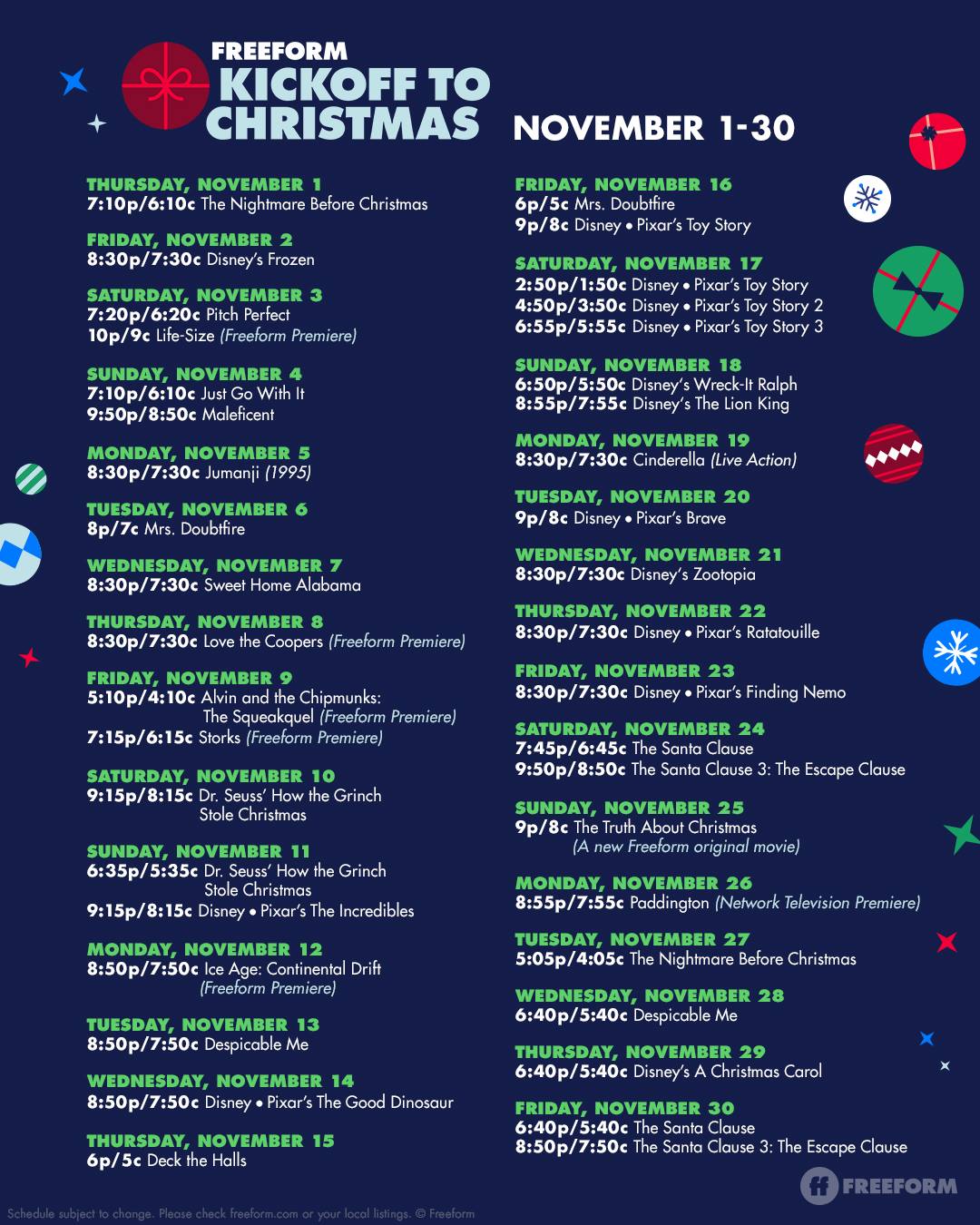 Freeform 2018 Kickoff to Christmas movies – Christmas movie Schedule