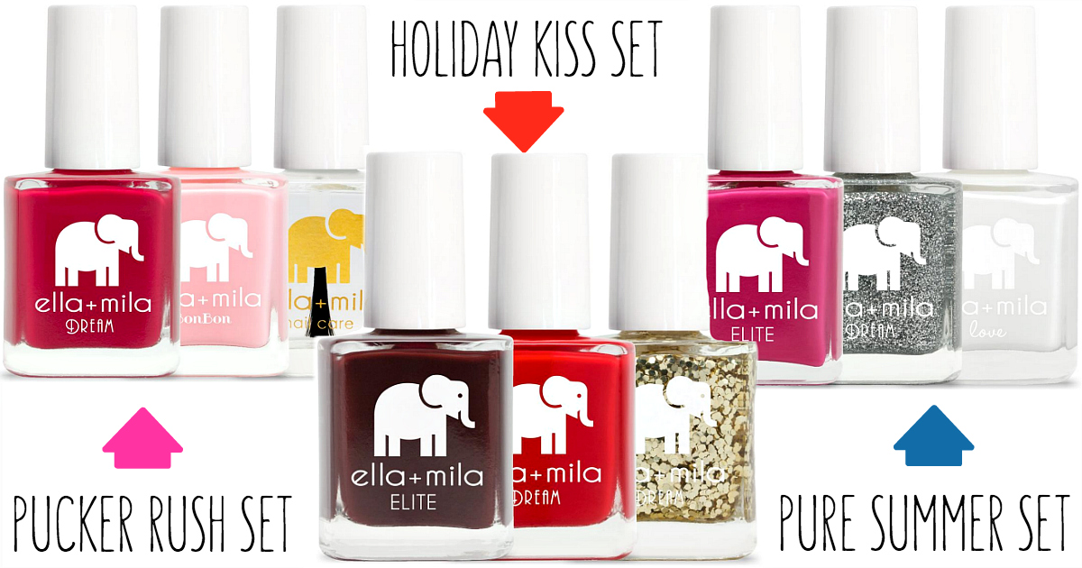 Ella+Mila promo codes are available on holiday nail sets – three-pack nail sets holiday kiss, pucker rush, and pure summer