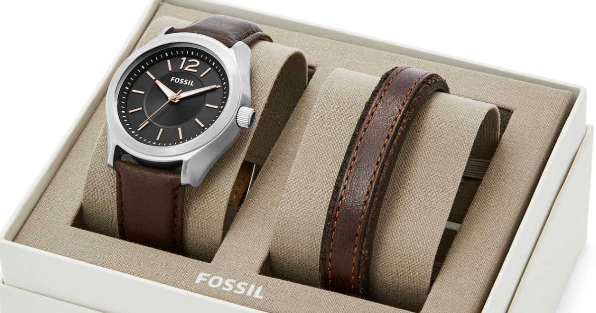 Fossil Leather Watch & Bracelet Gift Set + Free Engraving Only 34.87