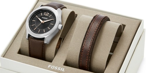 Fossil Leather Watch & Bracelet Gift Set + Free Engraving Only $34.87 Shipped (Reg. $155)