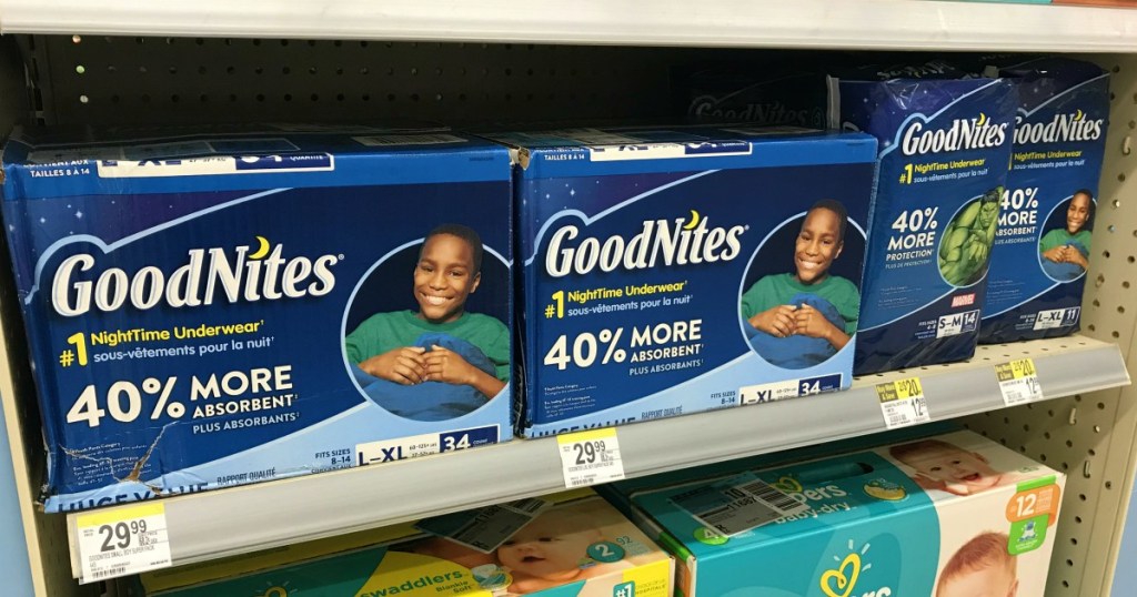 blue box of diapers on shelf 
