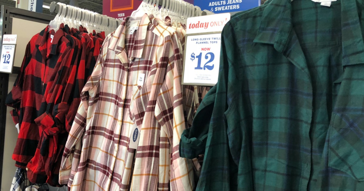 Old Navy flannels hanging up in store 