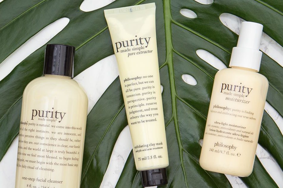 Philosophy Purity Made Simple products on a tree leaf