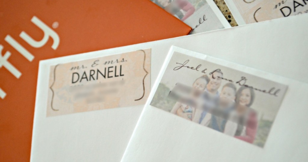 shutterfly address labels with shipping box behind it