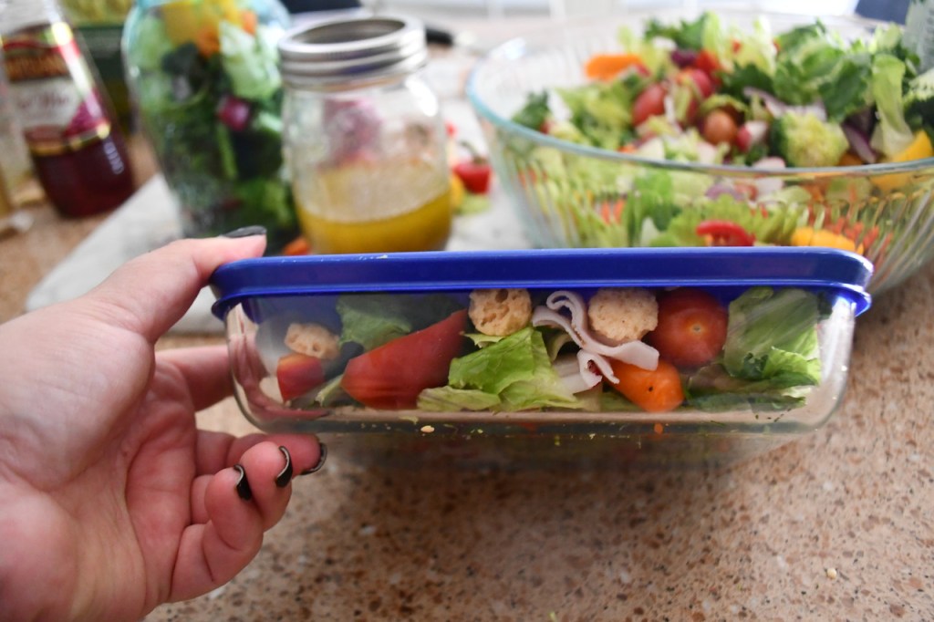 Weekly Sunday Salad Prep and my favorite dressing recipe travel well in these square glass or jar storage containers.