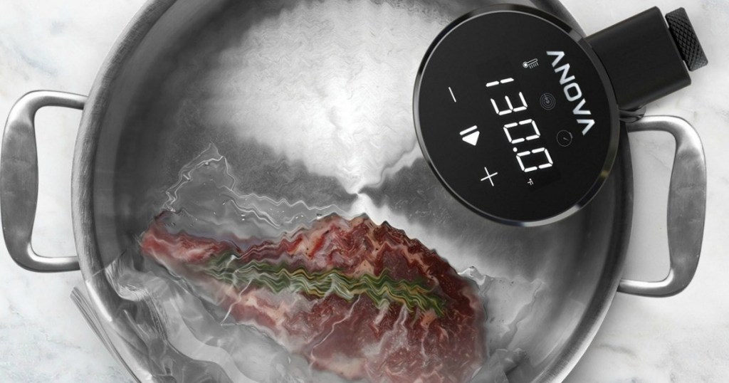 piece of beef in a sous vide cooking bath