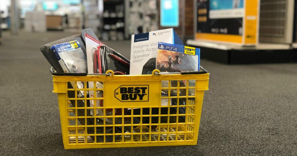 basket from Best Buy full of electronics and games