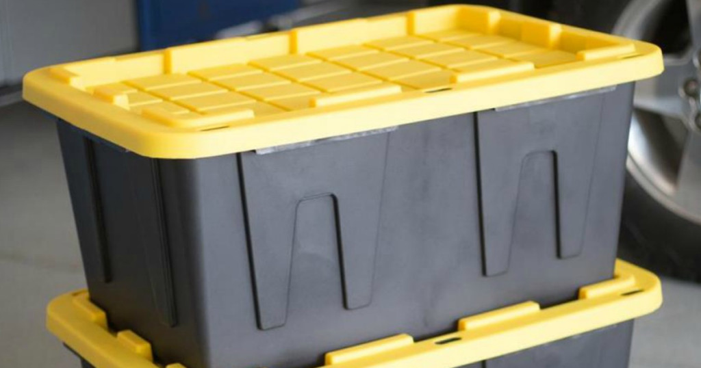 black stacked storage bins with yellow tops