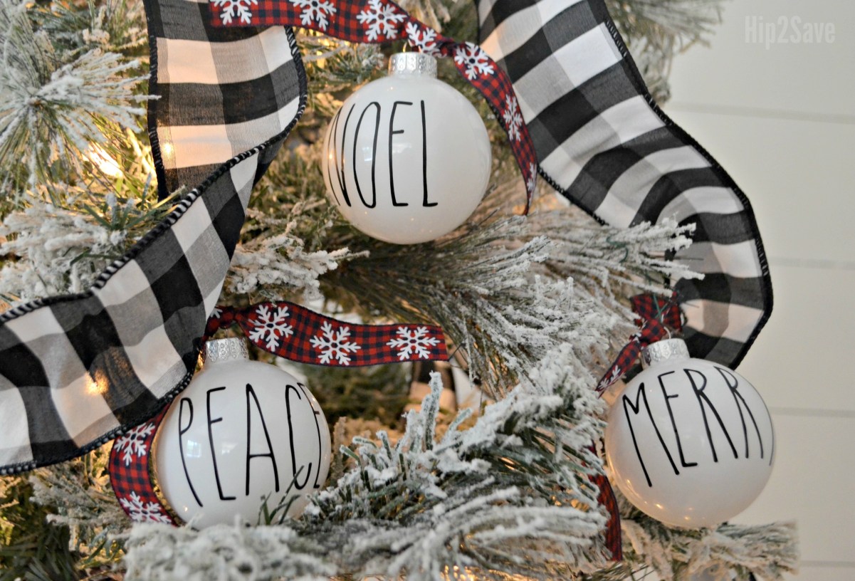 DIY Farmhouse Rae Dunn Christmas Ornaments hanging on a Christmas tree