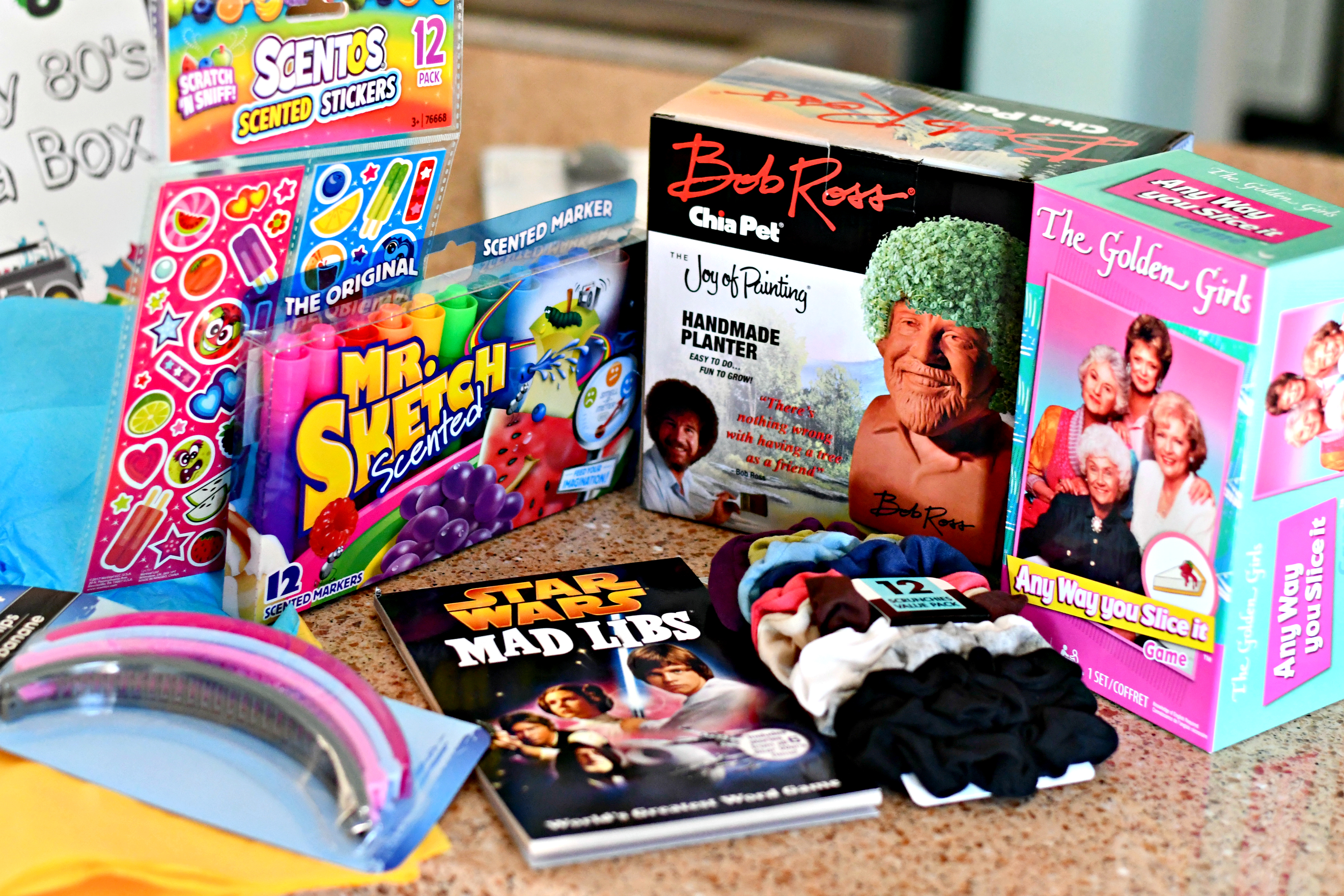 80s box gift idea – chia pet, scented markers, banana clips, and more