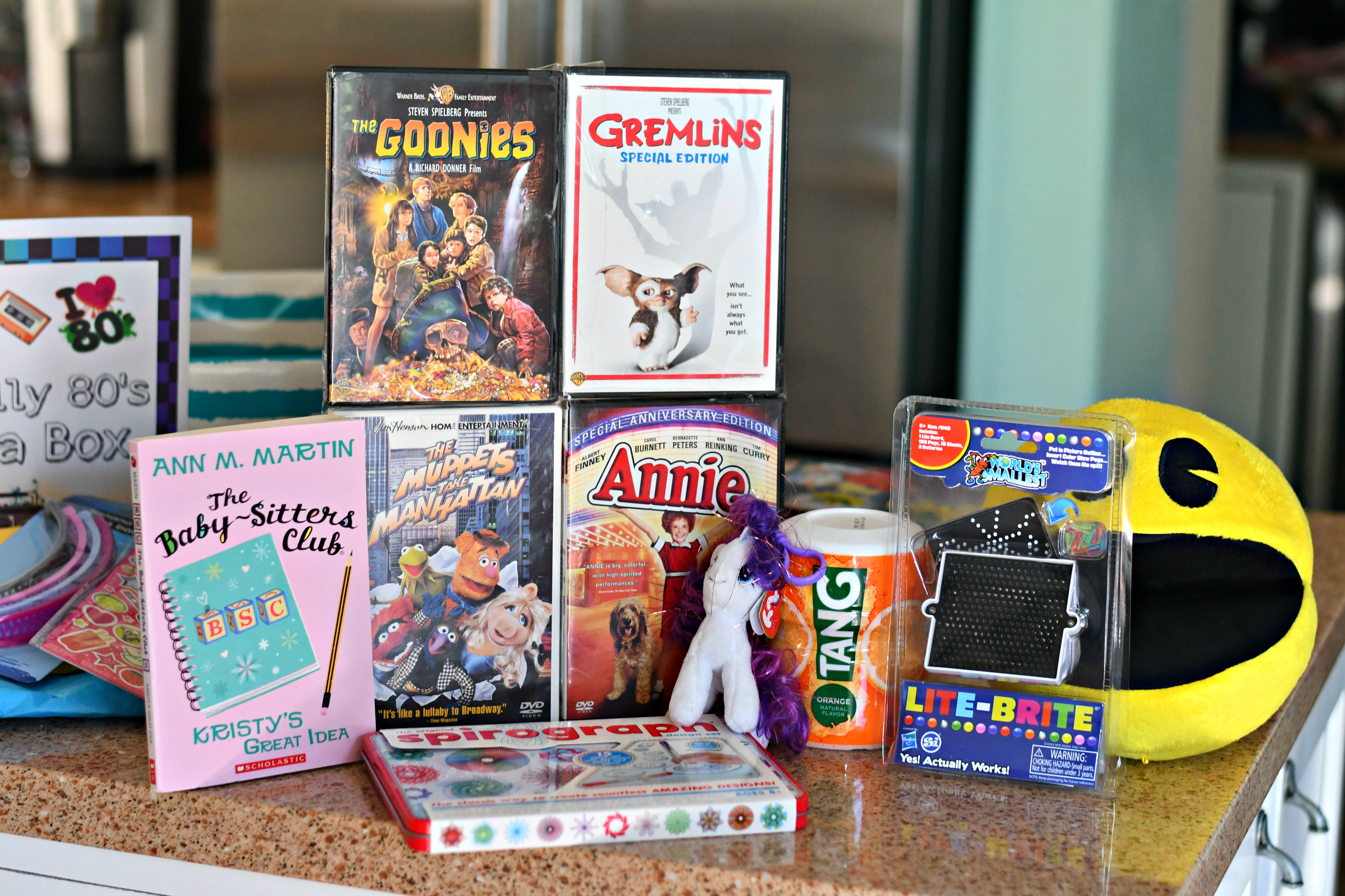 80s box gift idea – Goonies, Gremlins, Tang, and more