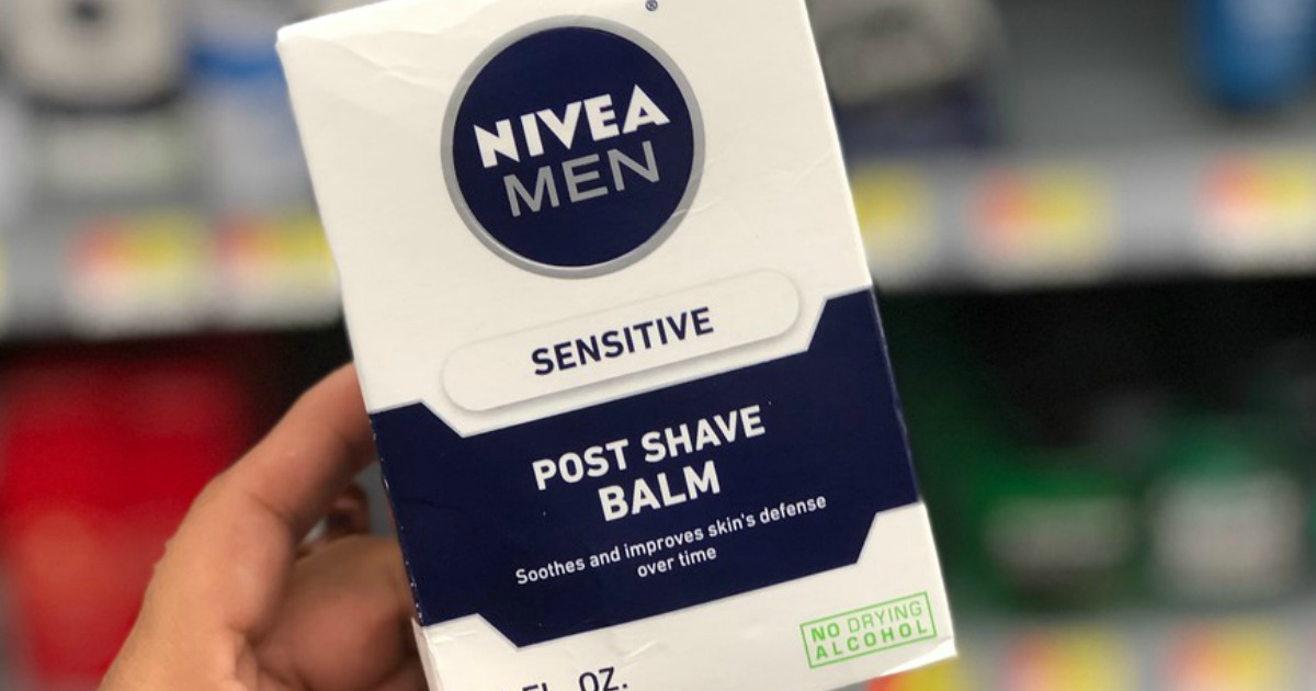 Box of nivea shave balm held by hand