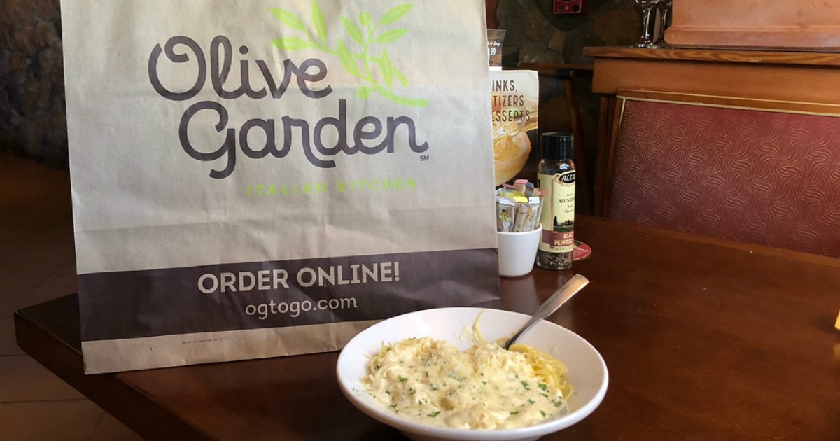 Olive Garden bag and bowl of noodles