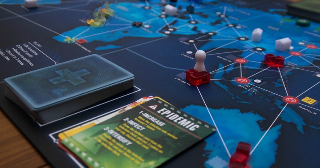 pandemic board game cards, pawns, and board