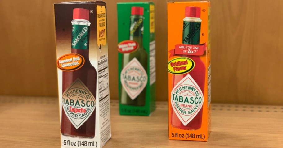 3 bottles of Tabasco sauce on shelf