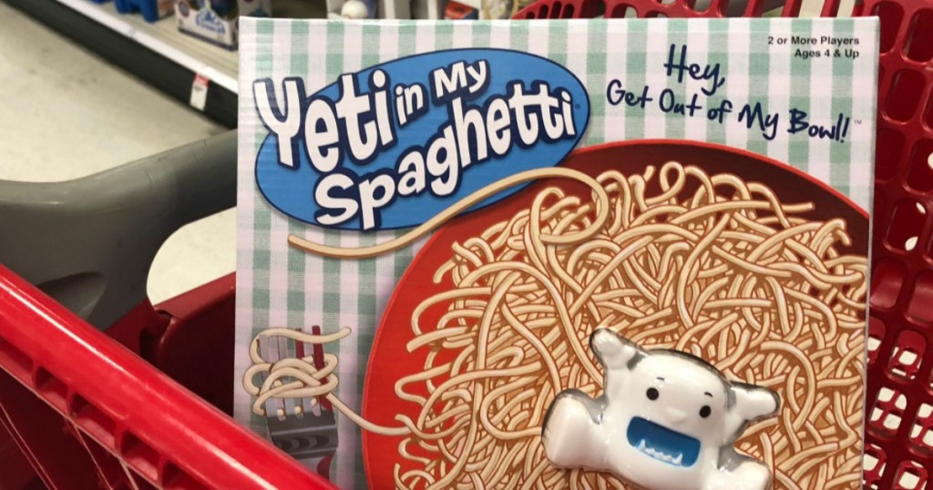 yeti in my spaghetti board game for kids sitting in red target cart