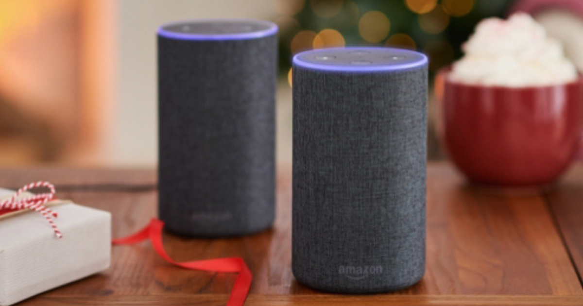 Two echo speakers on side table