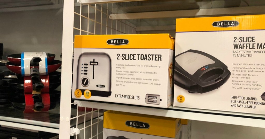 bella 2 slice toaster on shelf next to waffle maker