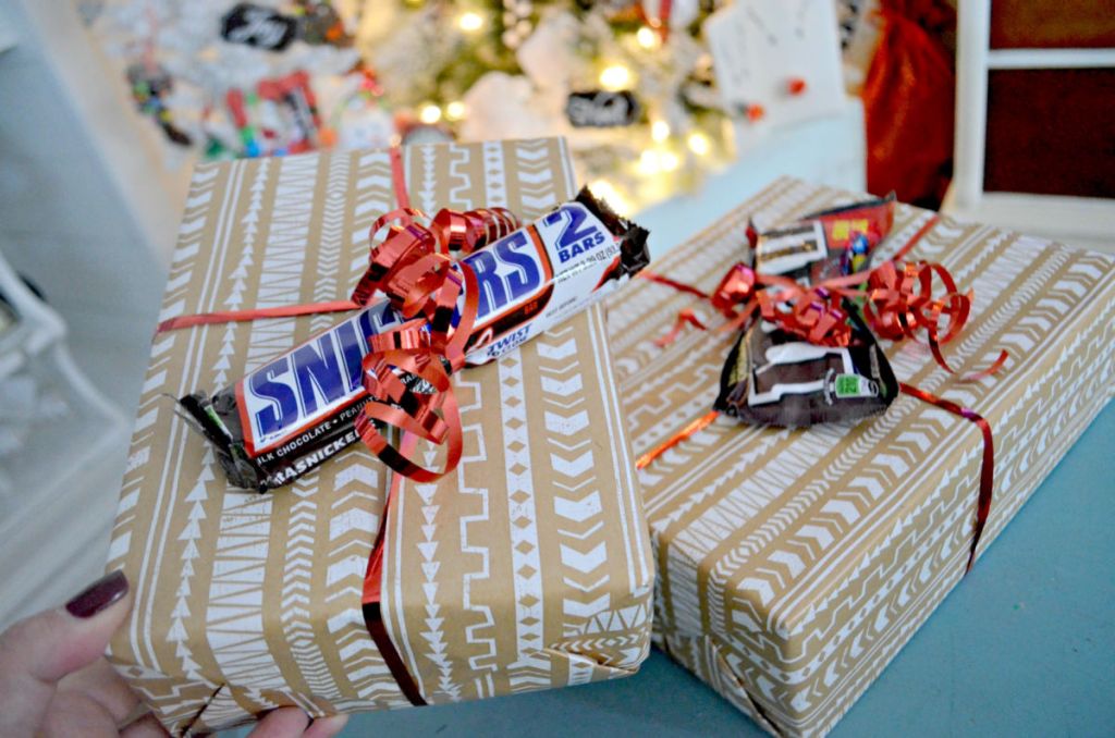 wrapped gifts topped with candy