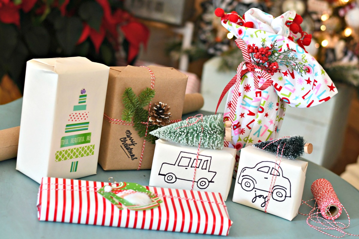 hand-decorated and wrapped Christmas gifts 