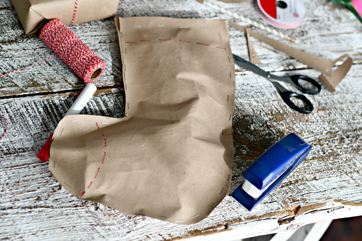 stocking gift wrap made from kraft paper
