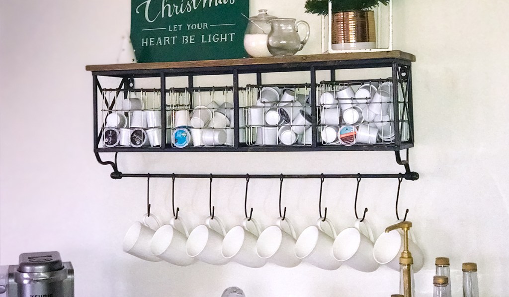 gift guide for coffee lovers — coffee shelf with baskets from hobby lobby