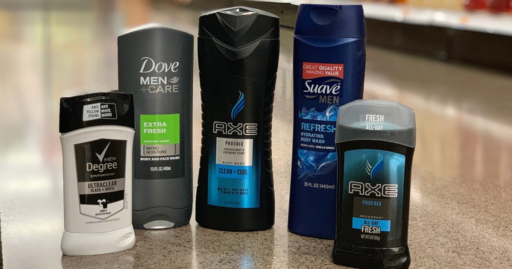 deodorant and body wash products on floor 
