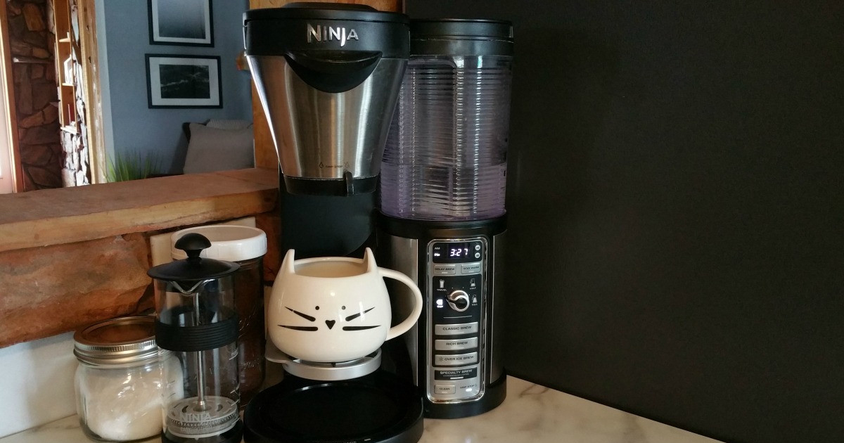 kitchen Ninja coffee bar with white cat mug