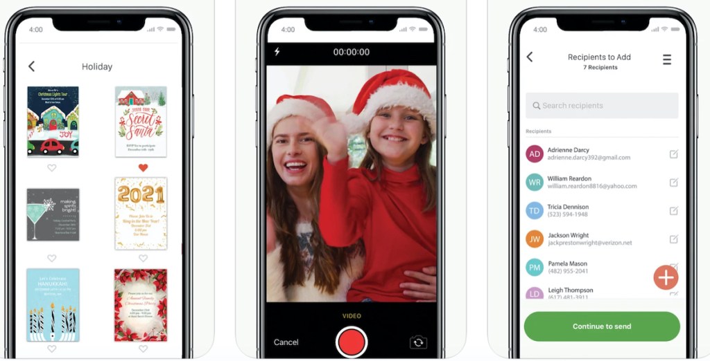punchbowl app with screenshots of christmas app invitations