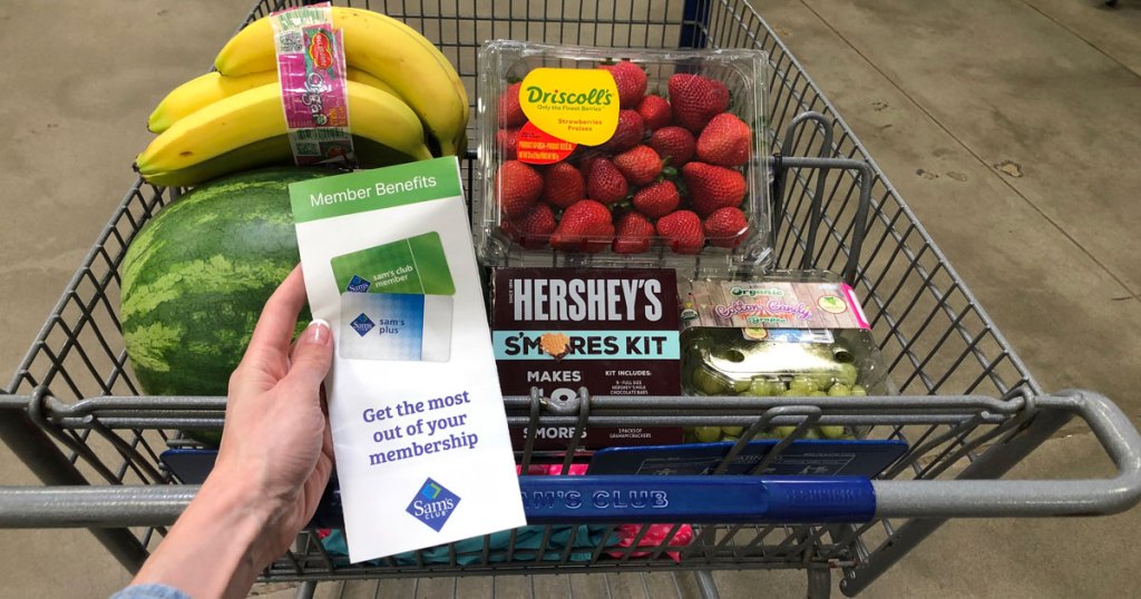 person holding Sam's membership pamphlet with Sam's Cart filled with groceries