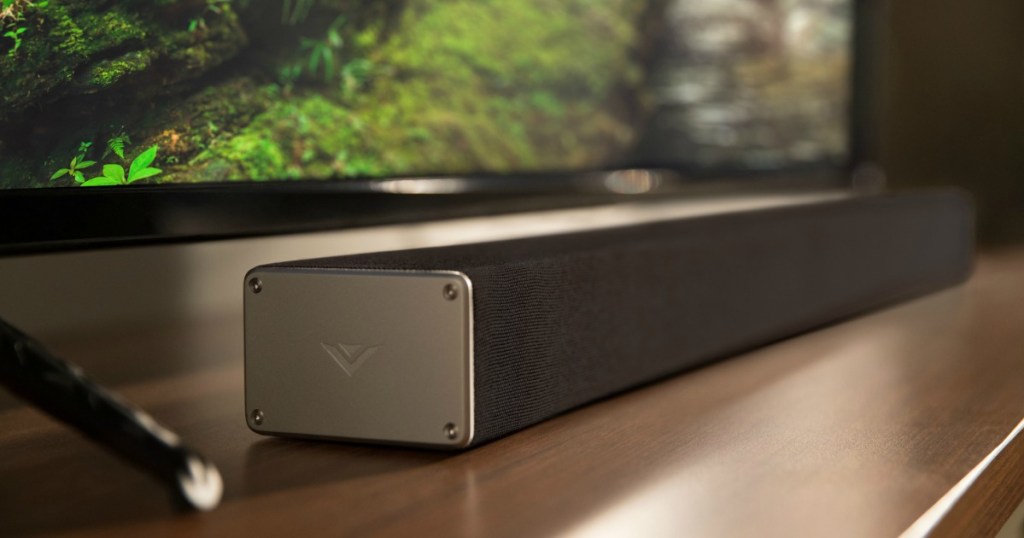 vizio soundbar sitting on a living room console