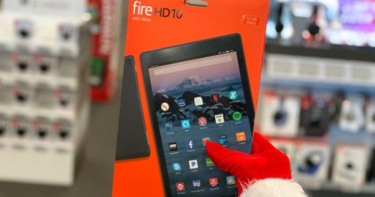 Amazon Fire HD 10 Tablet held up with Santa Hand