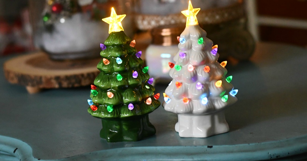 Youngs Vintage Lighted Tabletop Ceramic Tree 10.5 Inch Hand Painted Green Tree 